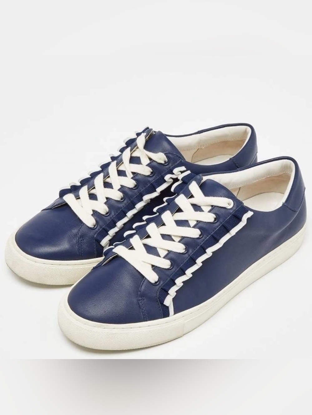Tory Burch Tory Sport Navy Ruffle Leather Lace Up Sneakers
